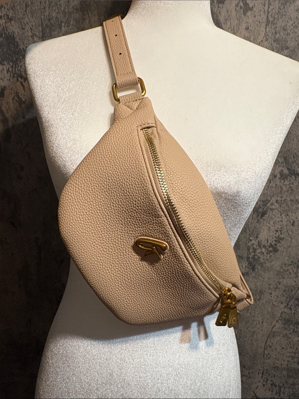 Pebbled Neutral Beige Leather Crossbody Belt Bag with Gold Hardware
